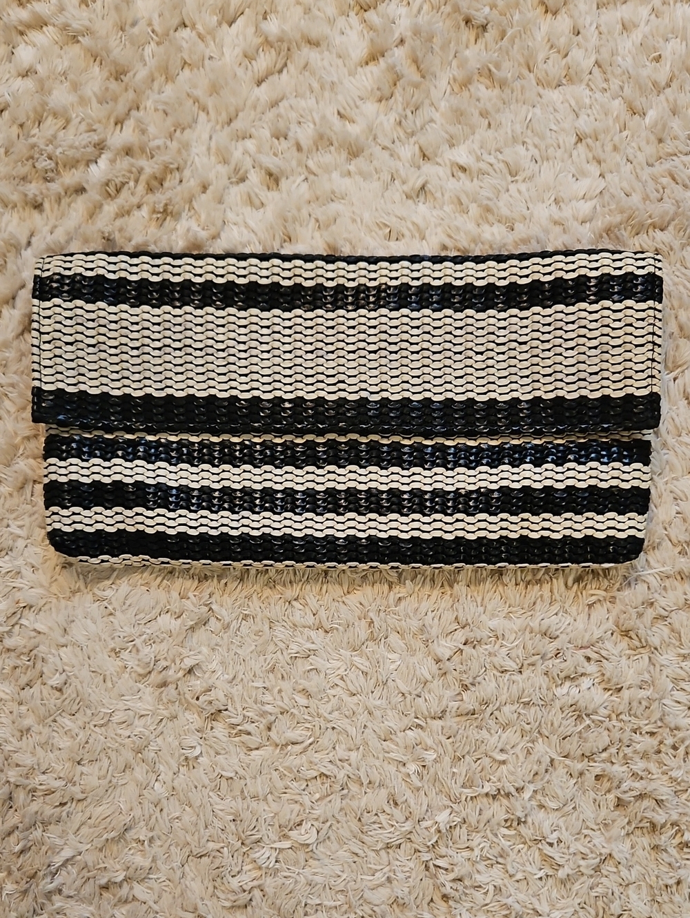 Banana Republic Black and Cream Striped Woven Clutch